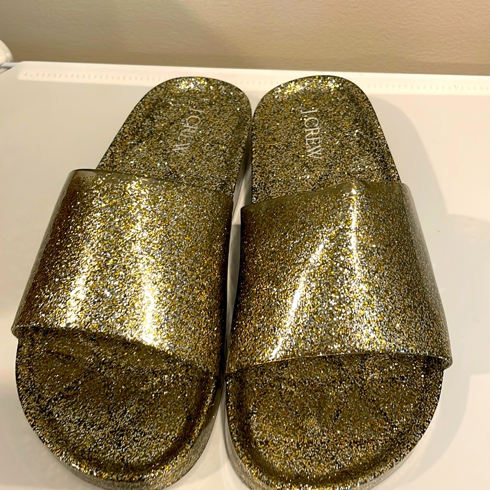 J crew glitter jelly pool slides..gold and silver